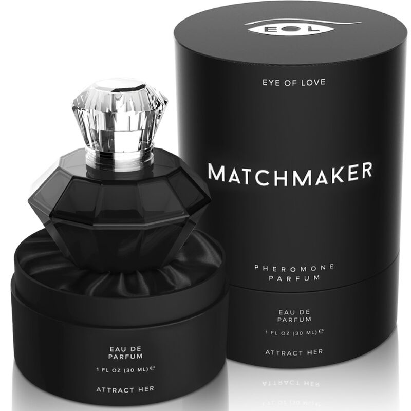 Perfume EYE OF LOVE Matchmaker Black Diamond con feromonas para él, frasco de 30 ml, con diseño elegante y moderno.