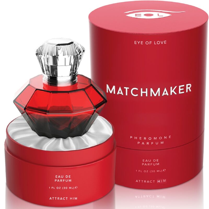 Perfume EYE OF LOVE Matchmaker Red Diamond con feromonas para ella, frasco de 30 ml, botella elegante y moderna.