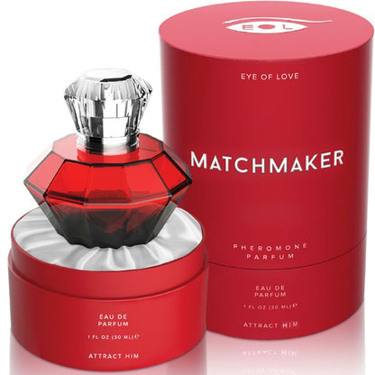 Perfume EYE OF LOVE Matchmaker Red Diamond con feromonas para ella, frasco de 30 ml, botella elegante y moderna.