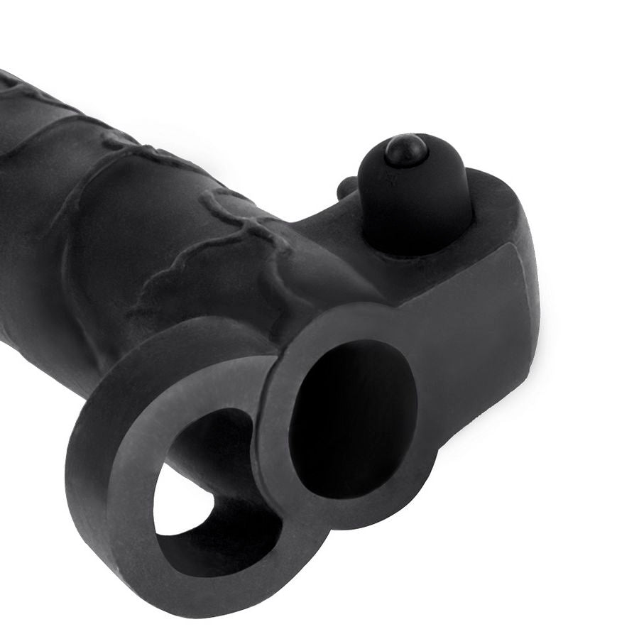 Black Fantasy X-Tensions penis extension with Real Feel vibrator, showcasing realistic texture and design.