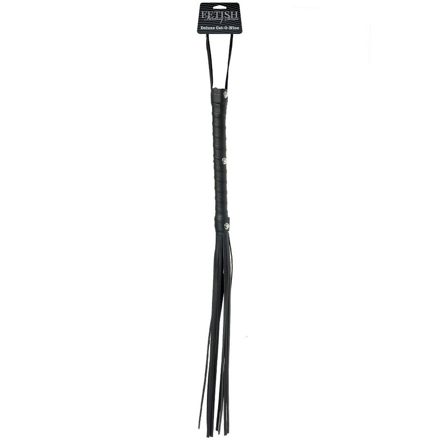 Black leather whip from Fetish Fantasy Limited Edition, featuring a sleek design and soft handle for playful bondage scenarios.