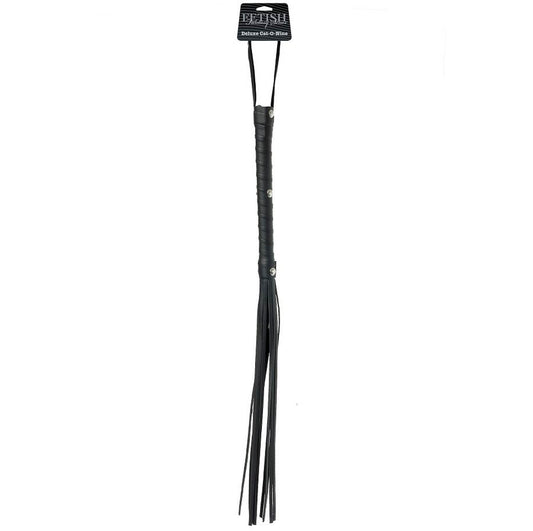 Black leather whip from Fetish Fantasy Limited Edition, featuring a sleek design and soft handle for playful bondage scenarios.