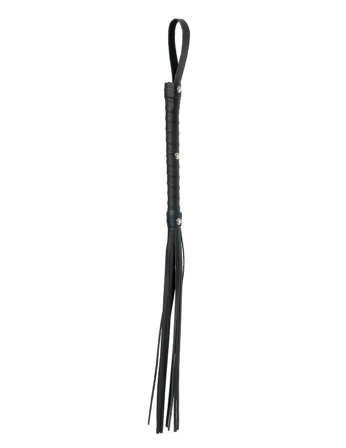 Black leather flogger from Fetish Fantasy Limited Edition with long, flowing tails and a sturdy handle.