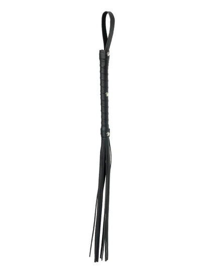 Black leather flogger from Fetish Fantasy Limited Edition with long, flowing tails and a sturdy handle.