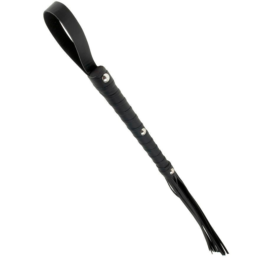 Black leather flogger from Fetish Fantasy Limited Edition, featuring multiple tails for sensory play and bondage.
