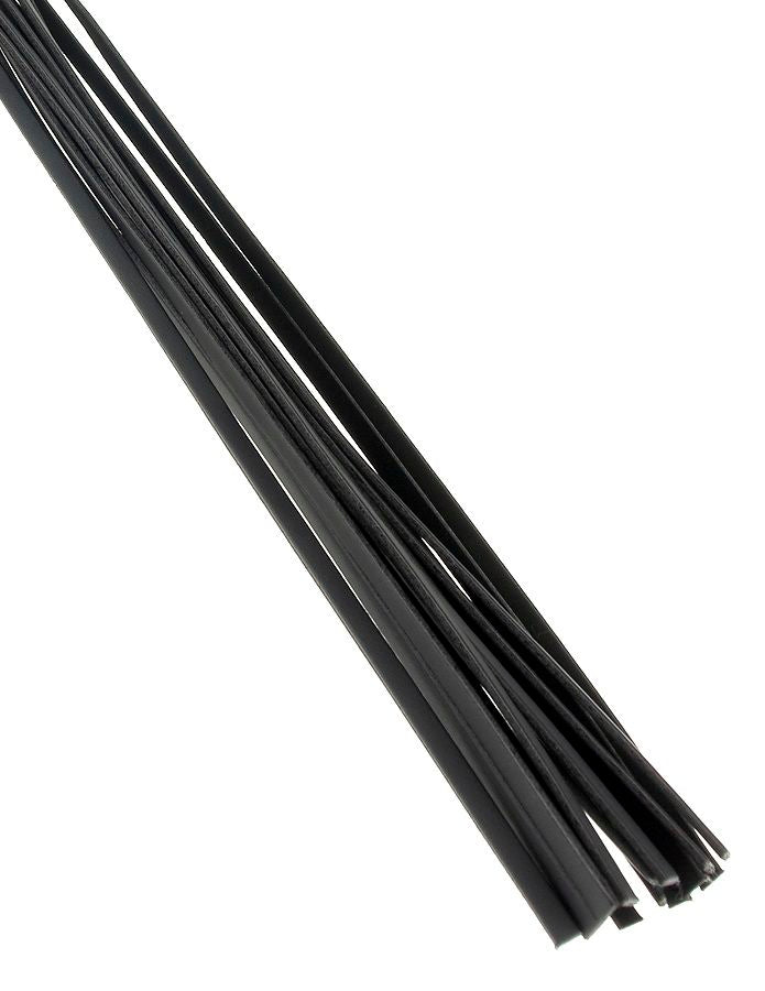 Black leather whip from Fetish Fantasy Limited Edition, showcasing intricate details and sturdy handle design.