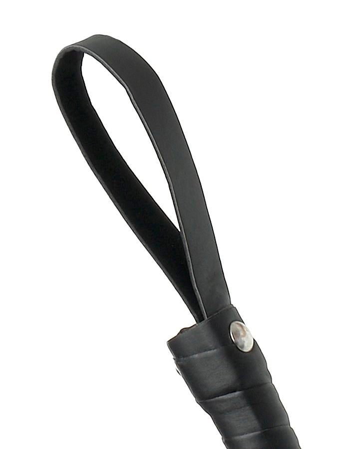 Black leather flogger from Fetish Fantasy Limited Edition, featuring multiple tails and a sturdy handle.