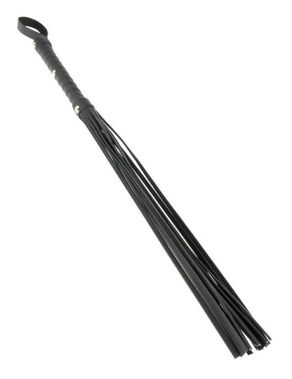 Black leather flogger from Fetish Fantasy Limited Edition, showcasing its long, soft tails and sturdy handle.