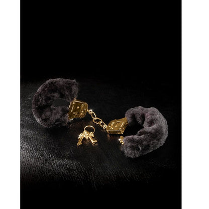 Fetish Fantasy Gold plush handcuffs in soft fabric, designed for comfortable restraint and playful bondage.