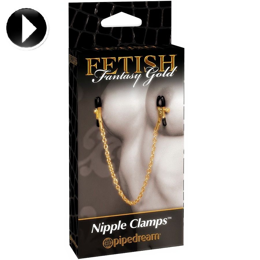 FETISH FANTASY GOLD nipple clamps with adjustable tension and gold accents, displayed on a soft surface.