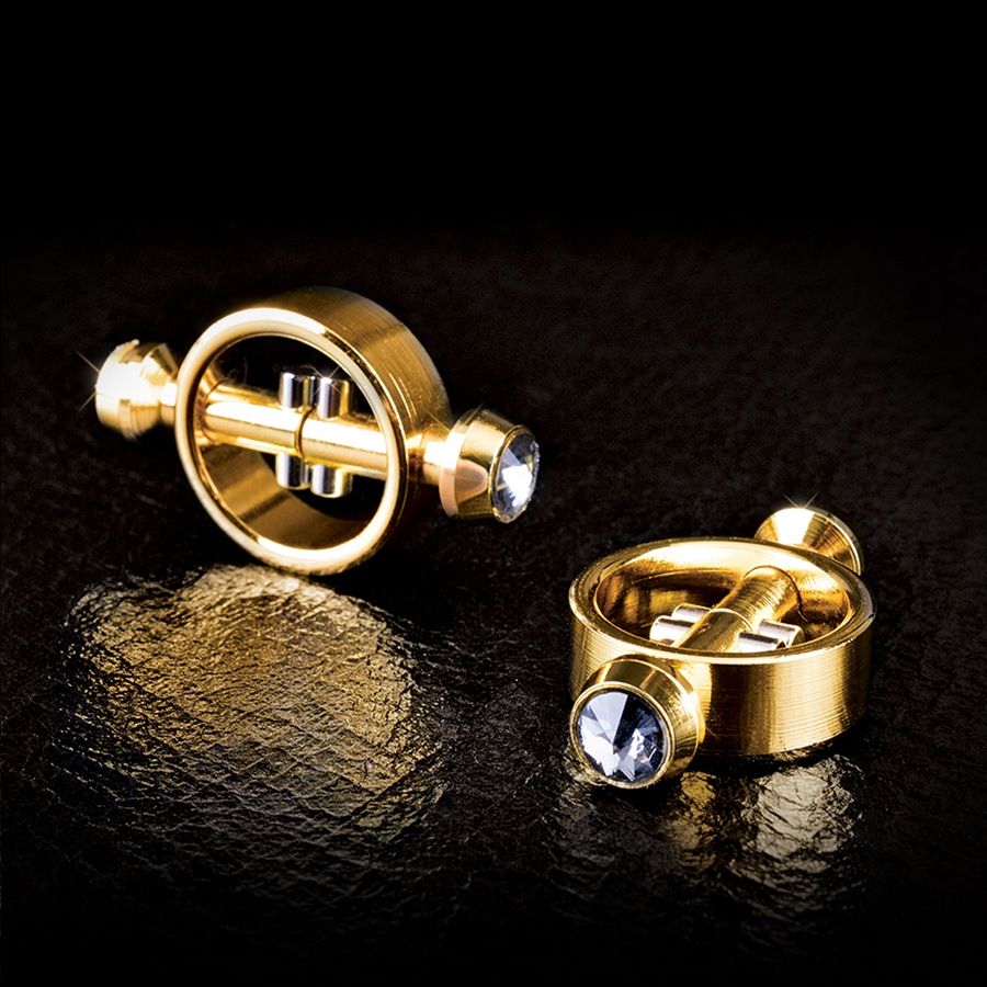 Fetish Fantasy Gold nipple clamps with adjustable design and decorative chain, perfect for enhancing sensory play.