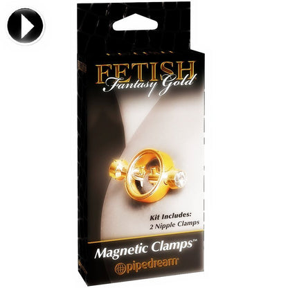 Fetish Fantasy Gold nipple clamps with adjustable tension and gold-tone finish on a soft background.