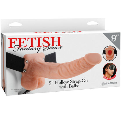 Fetish Fantasy Series, strap-on con bolas y diseño hueco, de 22.9 cm de color natural, para juegos íntimos.