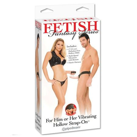 Fetish Fantasy Series natural 14cm hollow vibrating strap-on for him and her, showcasing the product's design and materials.