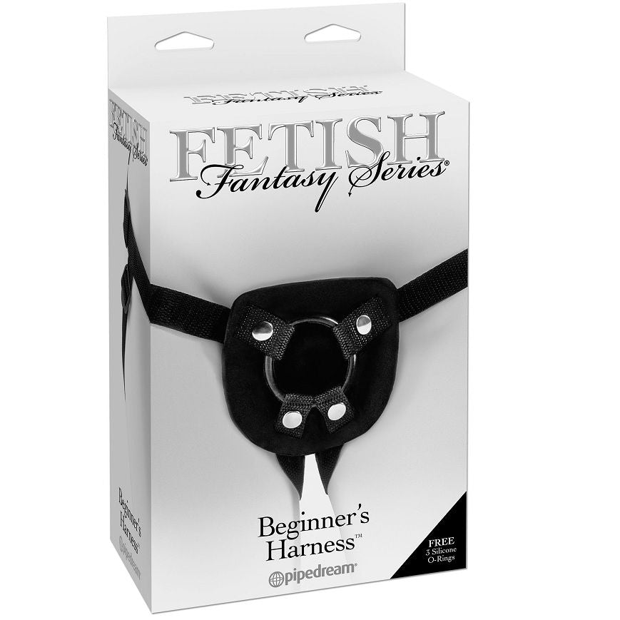 Fetish Fantasy Series beginner harness in black, featuring adjustable straps and padded support for comfort and style.