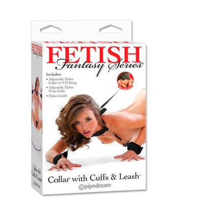 Black collar with cuffs and leash from the Fetish Fantasy Series, displayed on a soft surface.