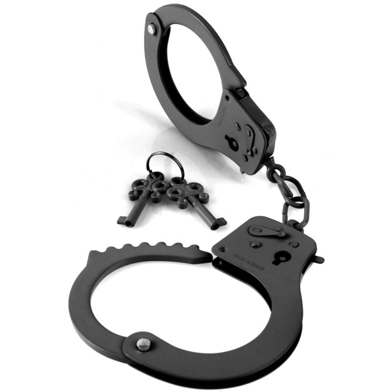 Esposas de metal negras de la serie Fetish Fantasy Series, accesorios de restricción para juegos bondage, en acabado metálico.