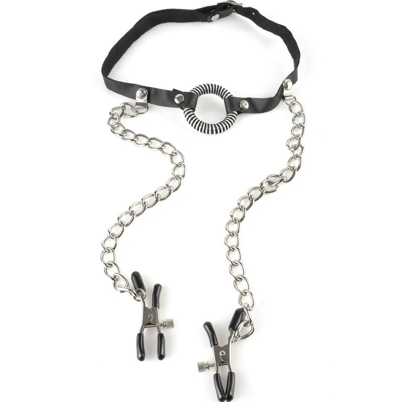 Mordaza con pinzas para pezones de la serie Fetish Fantasy, accesorios de kink y restricción para juegos eróticos.