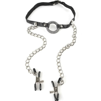 Mordaza con pinzas para pezones de la serie Fetish Fantasy, accesorios de kink y restricción para juegos eróticos.
