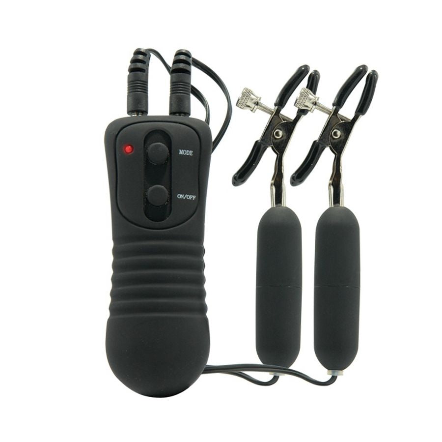 Pinzas de pezones con vibrador de la serie Fetish Fantasy Series, diseño metálico y control remoto para juegos sensuales.