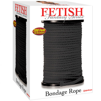 Black silk bondage rope, 60.96 meters long, from the Fetish Fantasy Series, coiled and ready for use in restraint play.