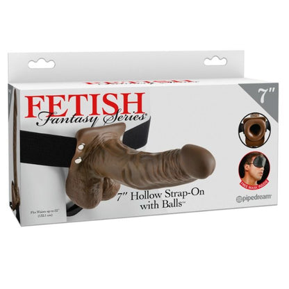 Fetish Fantasy Series strap-on hueco con testículos, tamaño 17.8 cm, en color negro, con detalles realistas para uso erótico.
