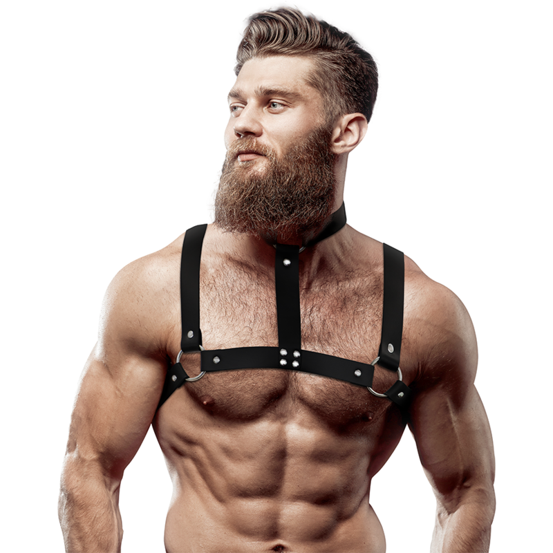 Arnés ajustable de ecopiel para hombre con collar, diseñado para fetichismo y actitud sumisa, en color negro.