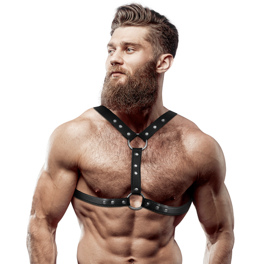Fetish Submissive Attitude eco-leather harness for men with double support and studs, showcasing detailed craftsmanship.