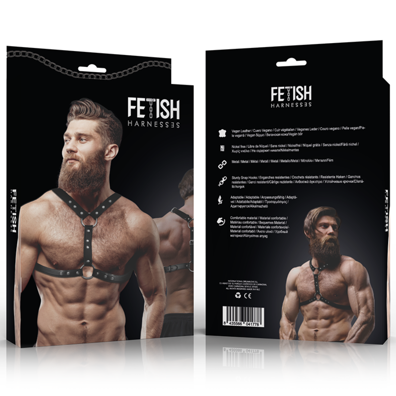 Fetish Submissive Attitude eco-leather chest harness with double straps and studs for men, showcasing a stylish design.