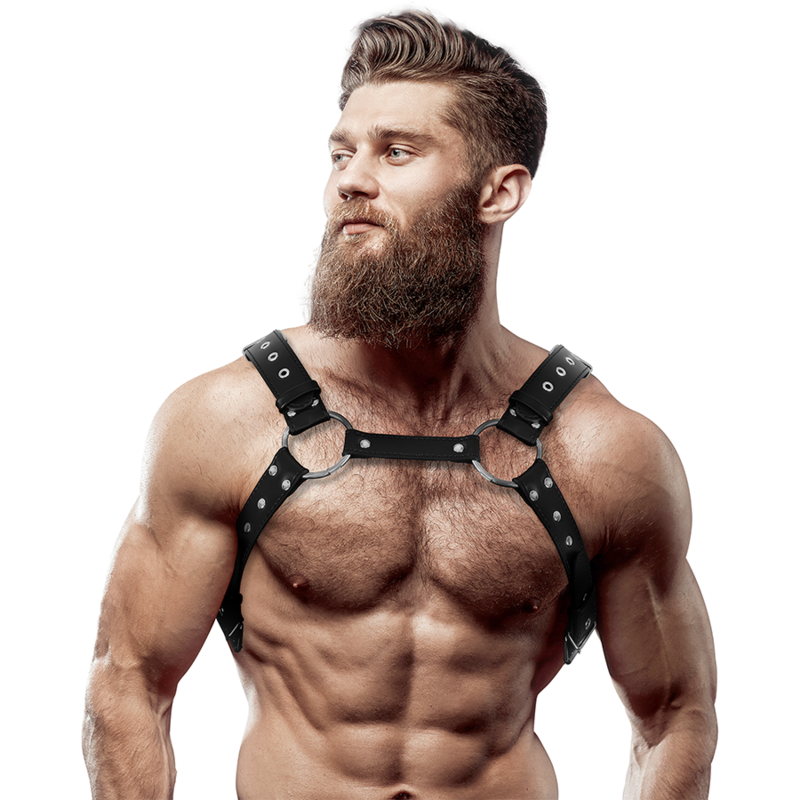 Arnés de ecopiel con tachuelas para pecho de hombre, producto de la línea Fetish Submissive Attitude.