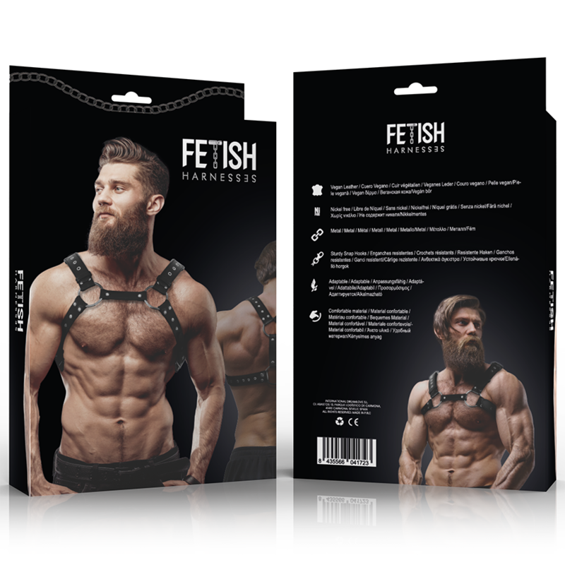 Arnés de ecopiel para hombre con tachuelas, estilo fetish submissive attitude, diseño ajustado para el pecho.