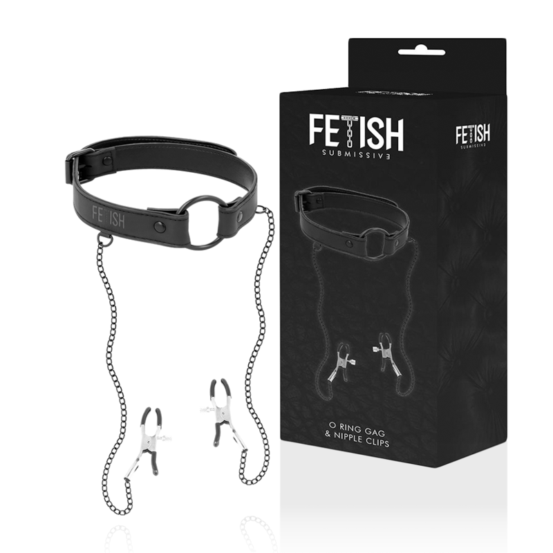 Anilla mordaza con pinzas para pezones de la marca Fetish Submissive Bondage, accesorios de juego BDSM con diseño en negro.