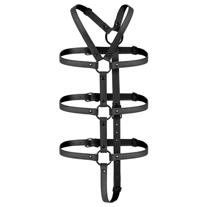 Arnés ajustable para torso y brazos de la marca Fetish Submissive Bondage, en color negro, diseñado para restricción y juego de roles.