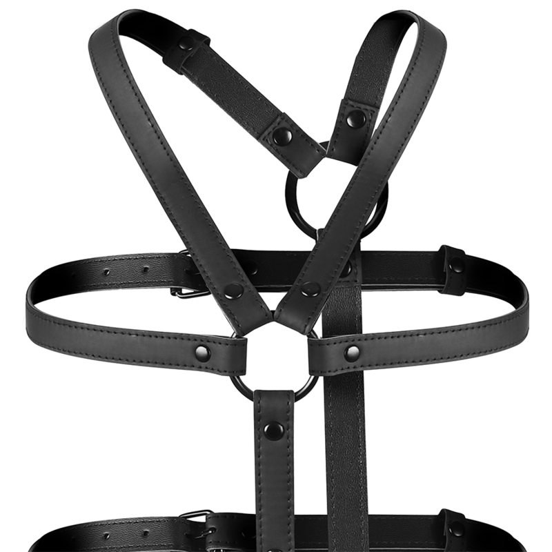 Arnés ajustable para torso y brazos de la marca Fetish Submissive Bondage, en color negro, con correas y hebillas robustas.