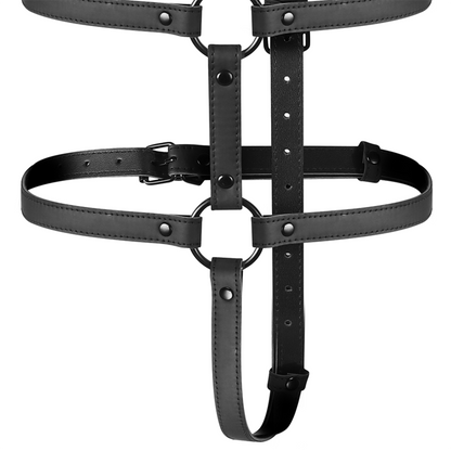Arnés ajustable para torso y brazos de la marca Fetish Submissive Bondage, diseñado para restricción y juego de bondage.