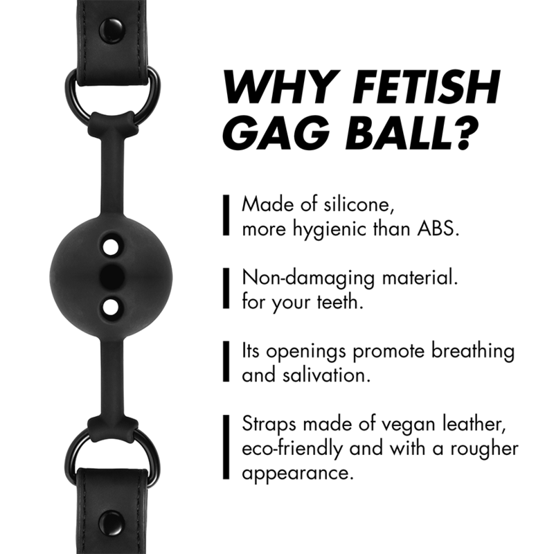 Mordaza de bola de silicona transpirable de la marca FETISH SUBMISSIVE BONDAGE, con diseño cómodo y seguro para juegos de restricción.