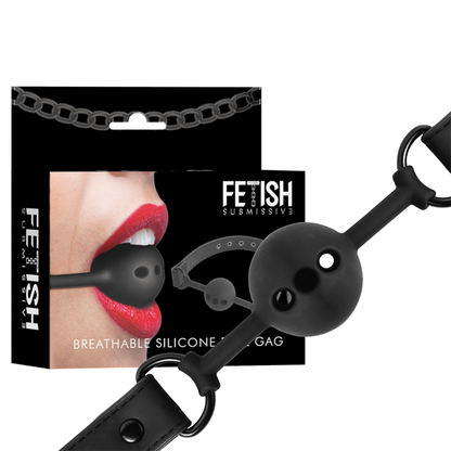 Mordaza de bola de silicona transpirable de la marca FETISH SUBMISSIVE BONDAGE, con diseño cómodo y seguro para restricción.