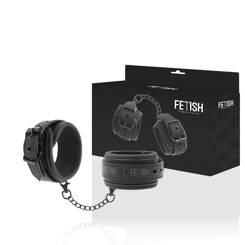 Esposas de cuero vegano con forro de neopreno de la marca FETISH SUBMISSIVE BONDAGE, ideales para juegos de restricción.