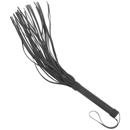 Látigo de cuero vegano de la marca FETISH SUBMISSIVE BONDAGE, con mango y tiras para juegos de dominación y sumisión.