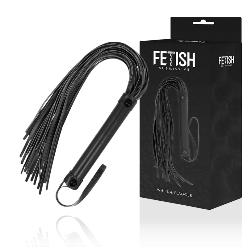 Látigo de cuero vegano FETISH SUBMISSIVE de la marca FETISH SUBMISSIVE BONDAGE, con mango y tiras largas para dominación.