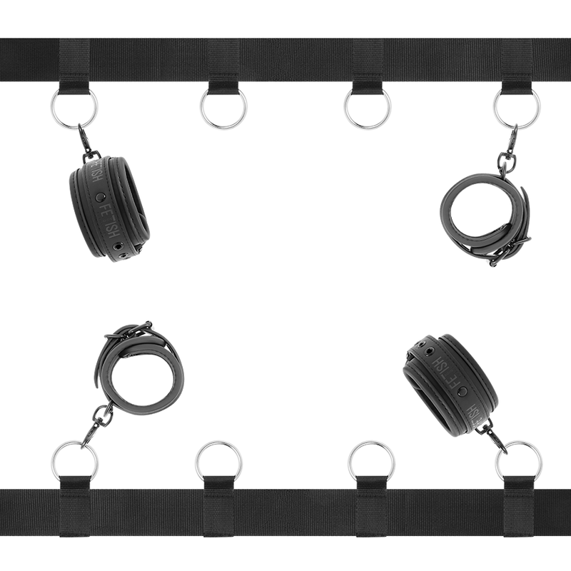 Conjunto de ataduras para cama FETISH SUBMISSIVE BONDAGE, con forro de neopreno, en color negro y diseño de lujo para restricción.