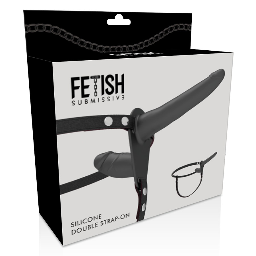 Black Fetish Submissive Harness for double penetration, featuring adjustable straps and a sleek design.
