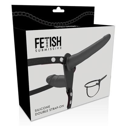 Black Fetish Submissive Harness for double penetration, featuring adjustable straps and a sleek design.