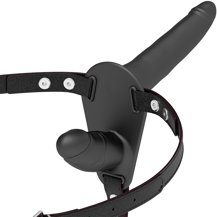 Black double penetration harness by Fetish Submissive, featuring adjustable straps and a secure fit for optimal comfort.