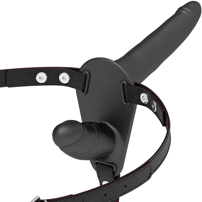 Black double penetration harness by Fetish Submissive, featuring adjustable straps and a secure fit for optimal comfort.
