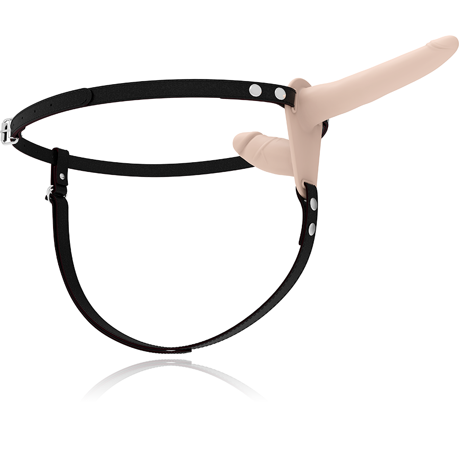 Arnés Fetish Submissive Harness con vibrador doble penetración Flesh Up, diseño ajustable y material suave para uso íntimo.