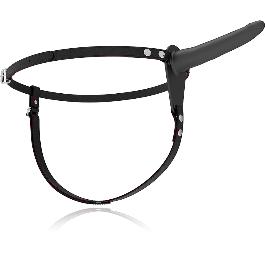 Arnés de silicio negro Fetish Submissive Harness, de 15 cm, con diseño ajustable y detalles en la correa.