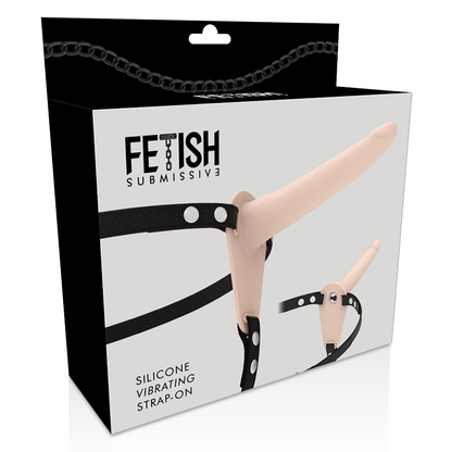 Vibrador de silicona Flesh de 15 cm en arnés Fetish Submissive Harness, diseñado para estimulación y placer.