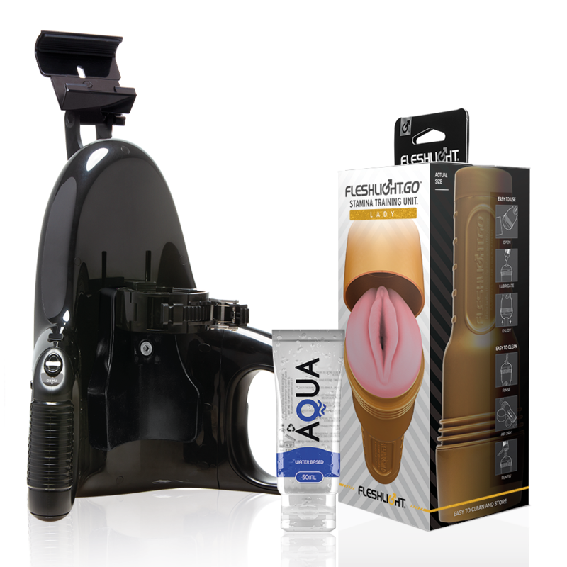 Fleshlight Stamina Go Training Unit Lady con lanzamiento universal y lubricante Aqua Quality 50 ml, producto para entrenamiento sexual.