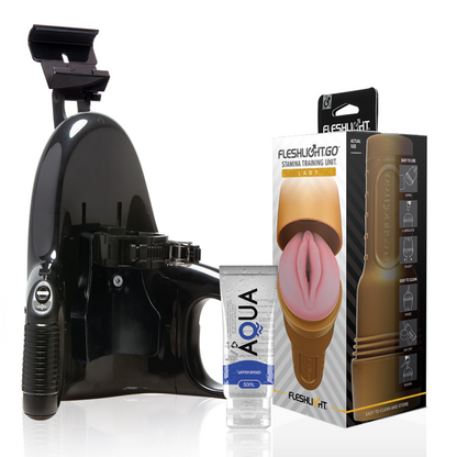 Fleshlight Stamina Go Training Unit Lady con lanzamiento universal y lubricante Aqua Quality 50 ml, producto para entrenamiento sexual.